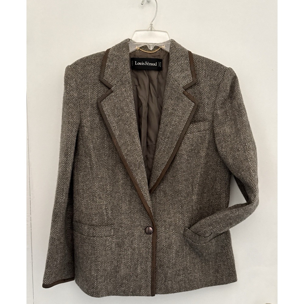 Louis Feraud Paris Blazer Womens 10 Brown Alpaca Wool Tweed Jacket Preppy Trim